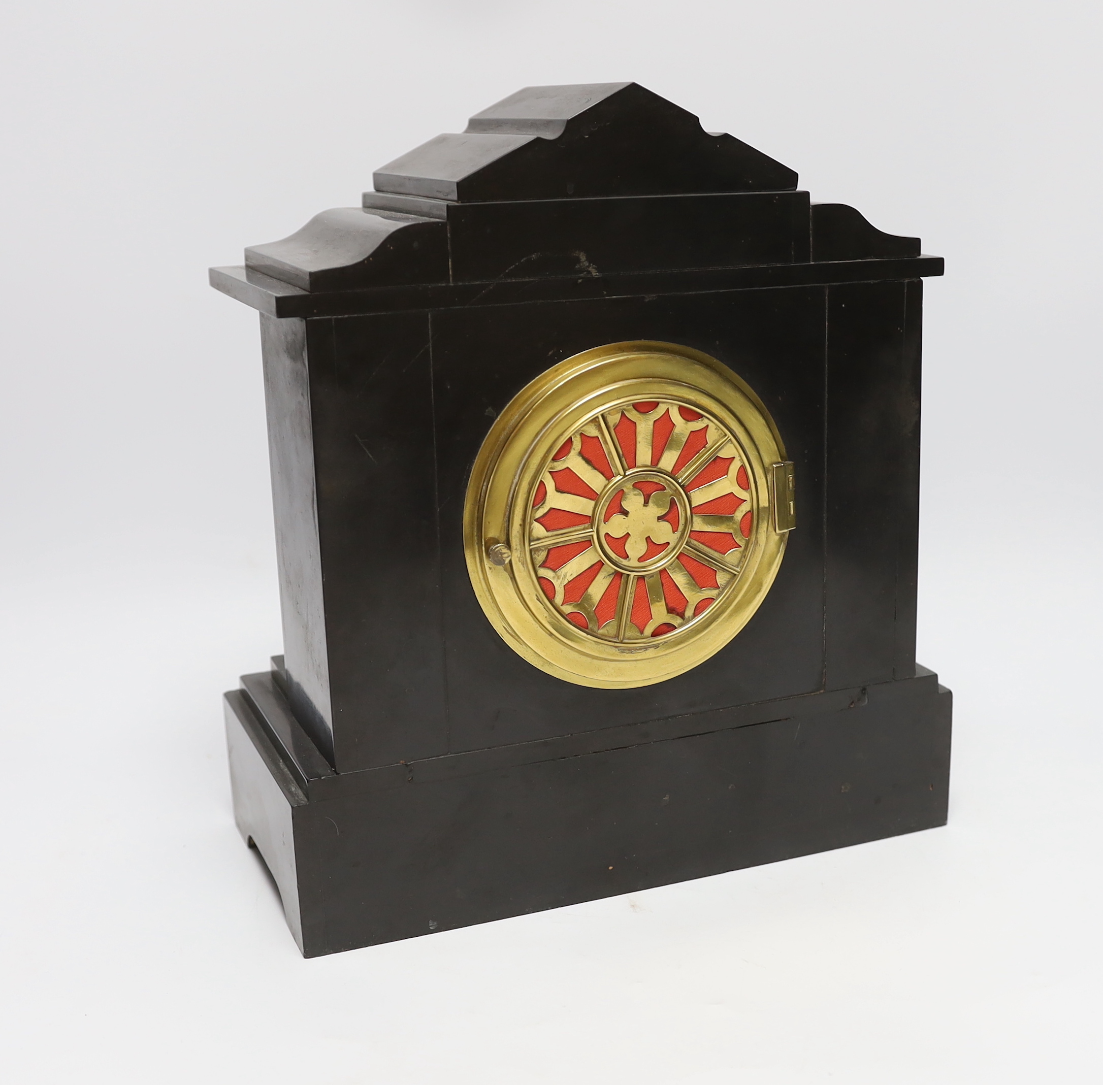 A slate and marble mantel clock with Arabic dial, 29cm high